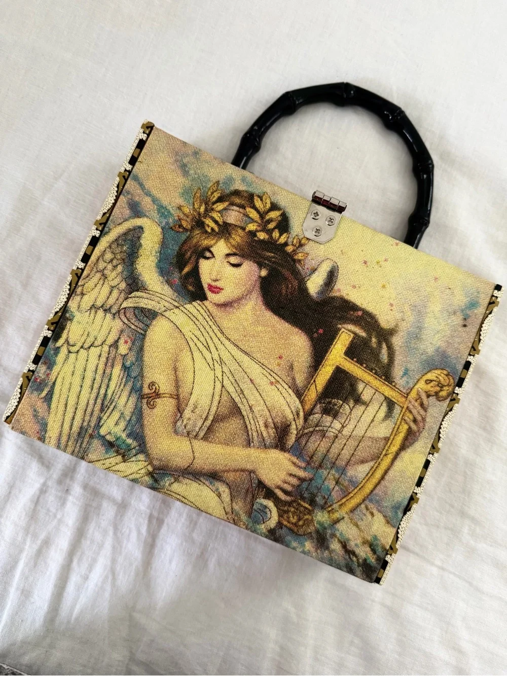 Toni Vance Double Chateau Cigar Box Angel Top-Handle Bag Art Nouveau Angel Harp